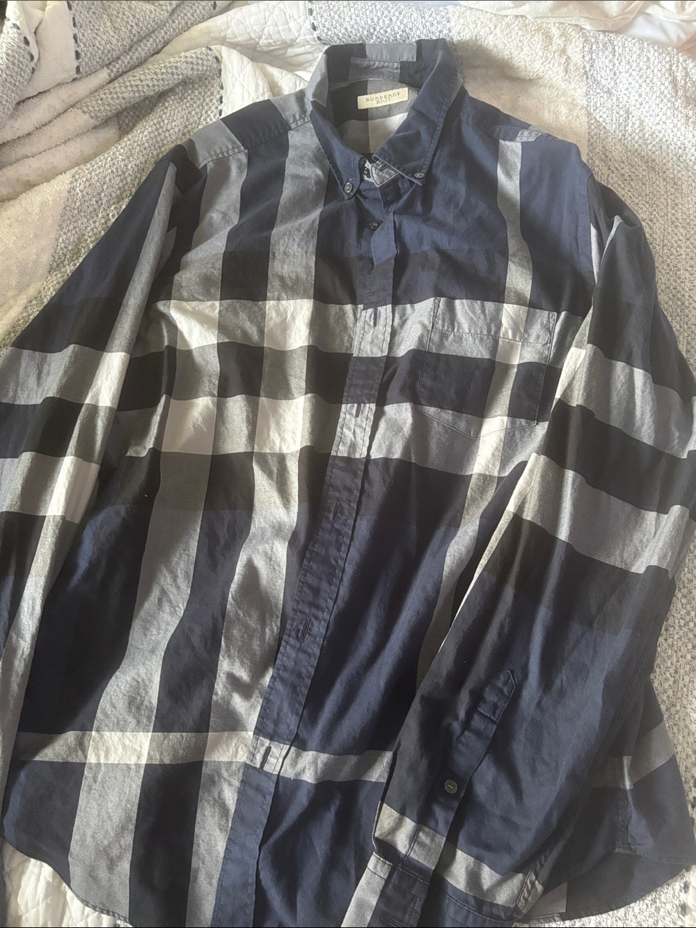 Burberry Oversized Check Button-Down Shirt - Navy & Gray
